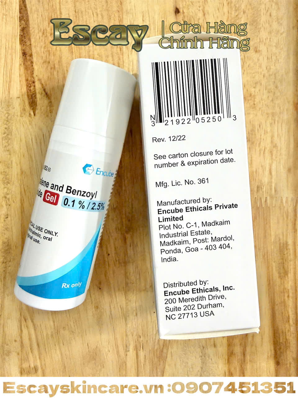 Encube gel trị mụn Adapalene và Benzoyl Peroxide Gel (0.1% / 2.5%) MỸ - 45g