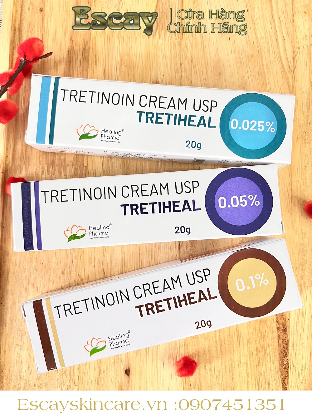 Tretinoin cream USP TRETIHEAL 20g 0.025% 0.05% 0.1% - giúp trẻ hoá da, sáng da, ngừa mụn